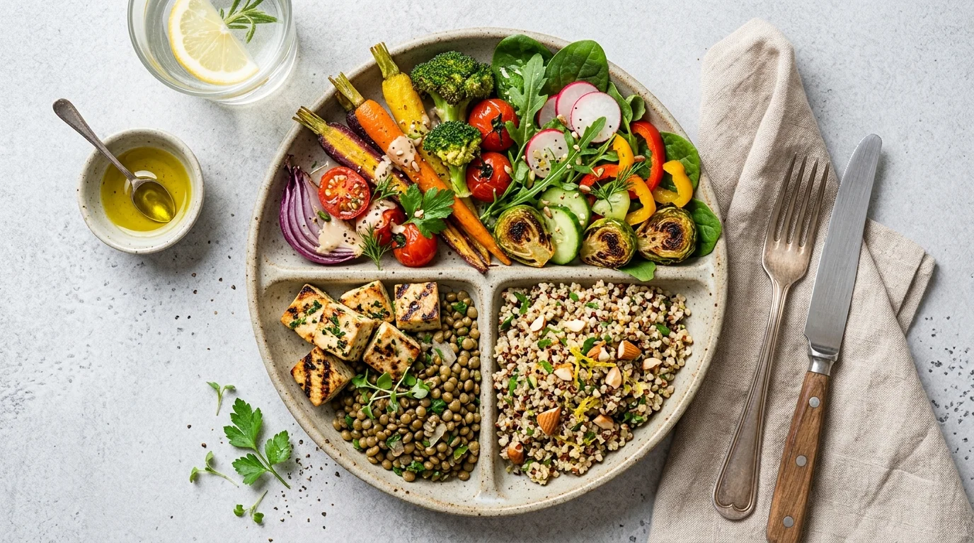 Infographie visuelle de l'Assiette de Rééquilibrage Végétal Idéale (50% Légumes, 25% Protéines, 25% Céréales IG bas)