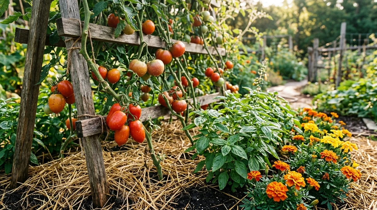 Compagnonnage au potager bio associant tomates, basilic frais et oeillets d Inde sur paillis de paille