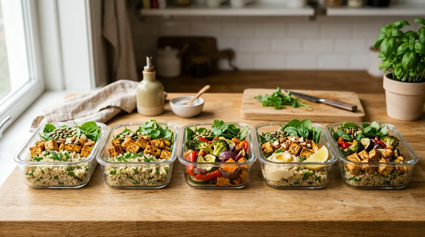 Plats de batch cooking végétarien préparés en boîtes