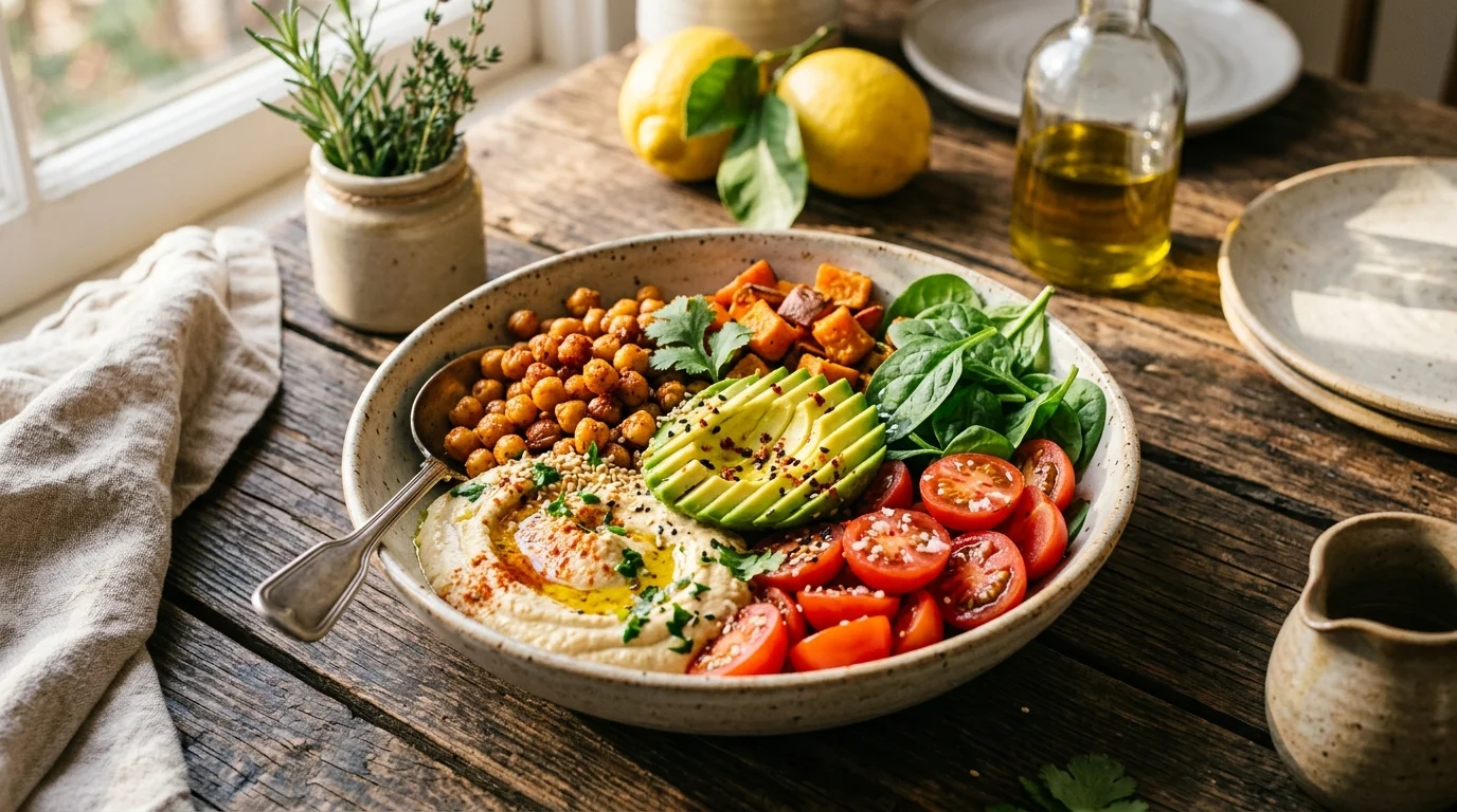 Assiette végétarienne gourmande et colorée - pois chiches rôtis, houmous, avocat et légumes frais