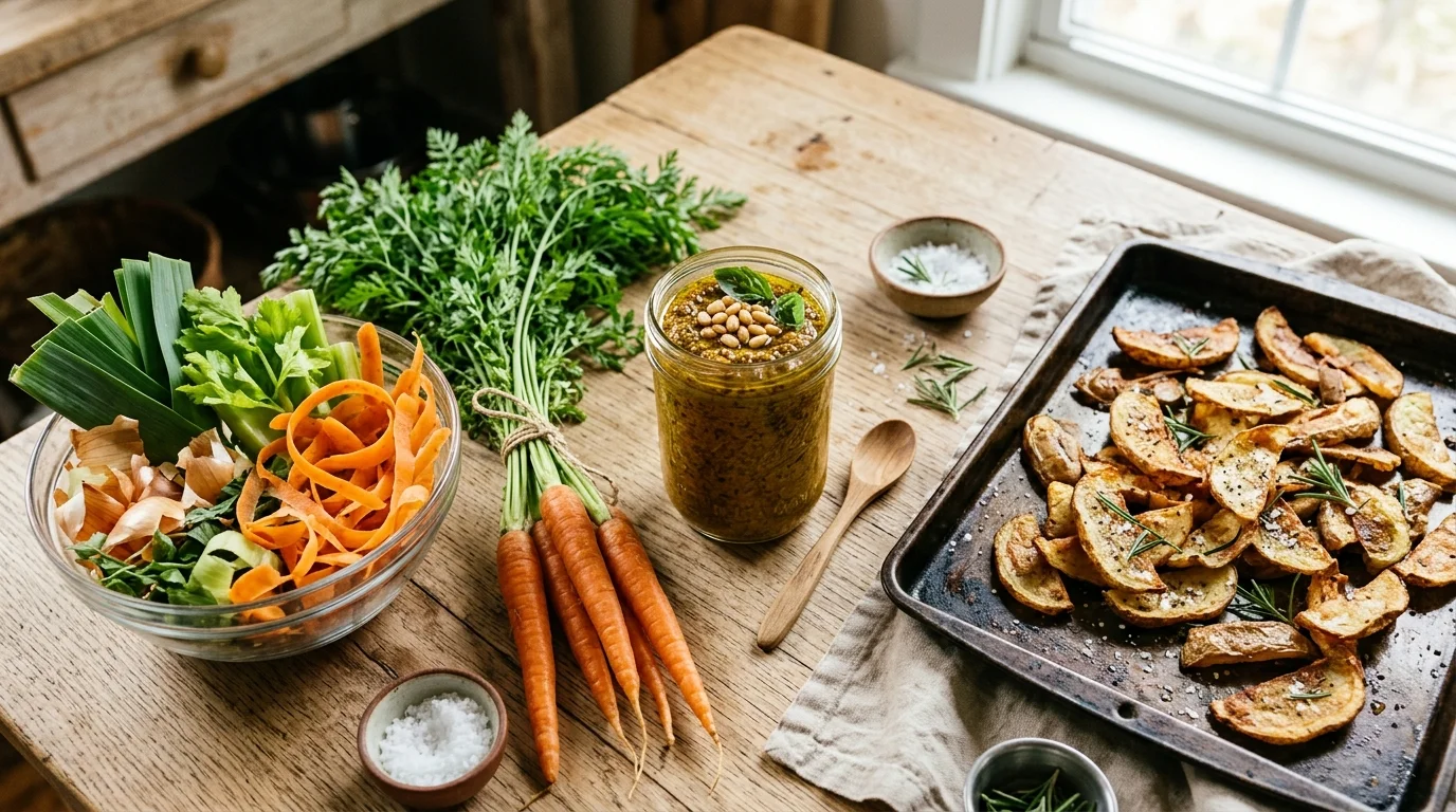 Cuisine zéro déchet et anti-gaspi : bocal de pesto de fanes, épluchures de légumes pour bouillon et chips craquantes