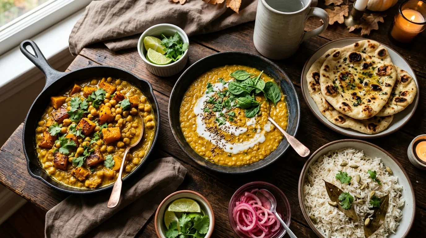 Festin automnal de currys et dahls végétariens : dahl de lentilles corail au lait de coco, curry de butternut et pois chiches, naans tièdes et riz basmati