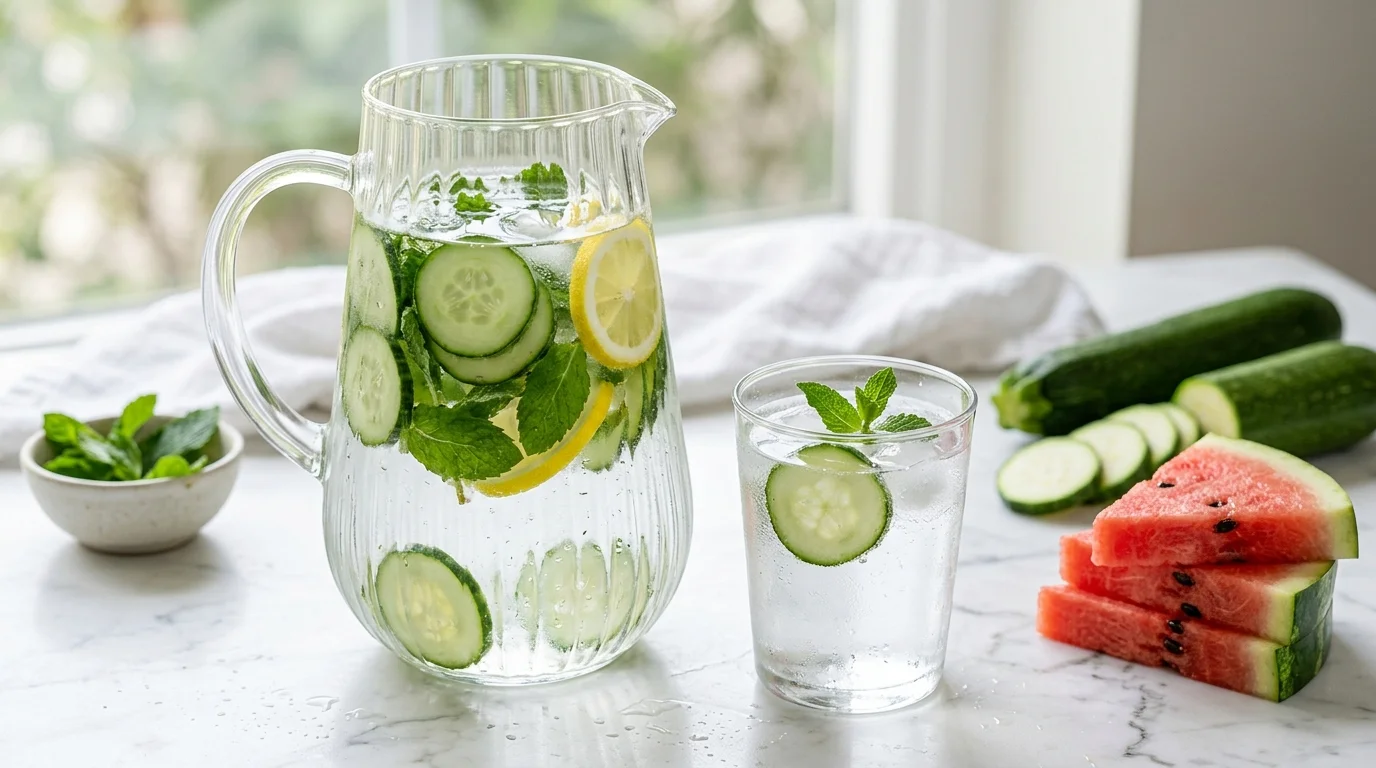Carafe d'eau infusée au concombre, citron, menthe et fruits riches en eau