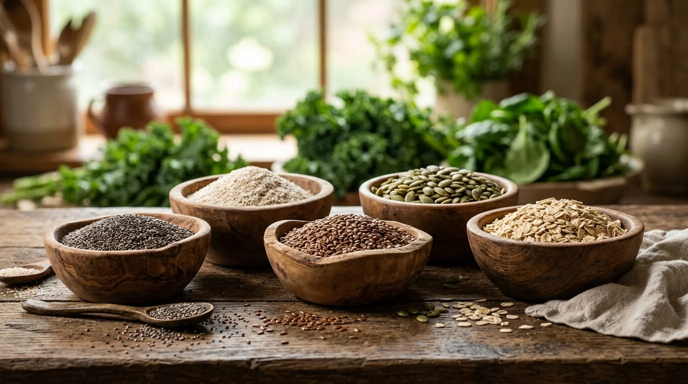 Aliments et graines denses en fibres solubles (psyllium, chia, lin, avoine, courge)