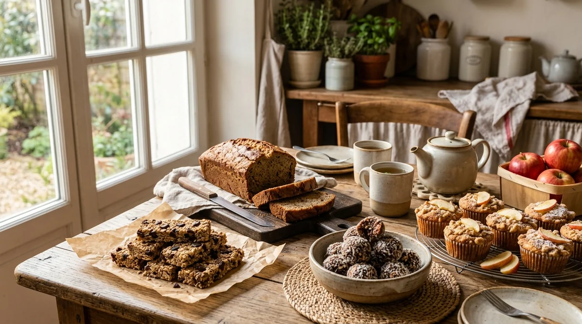 Table de goûter fait maison sain avec banana bread aux noix, barres de céréales avoine et muffins aux pommes