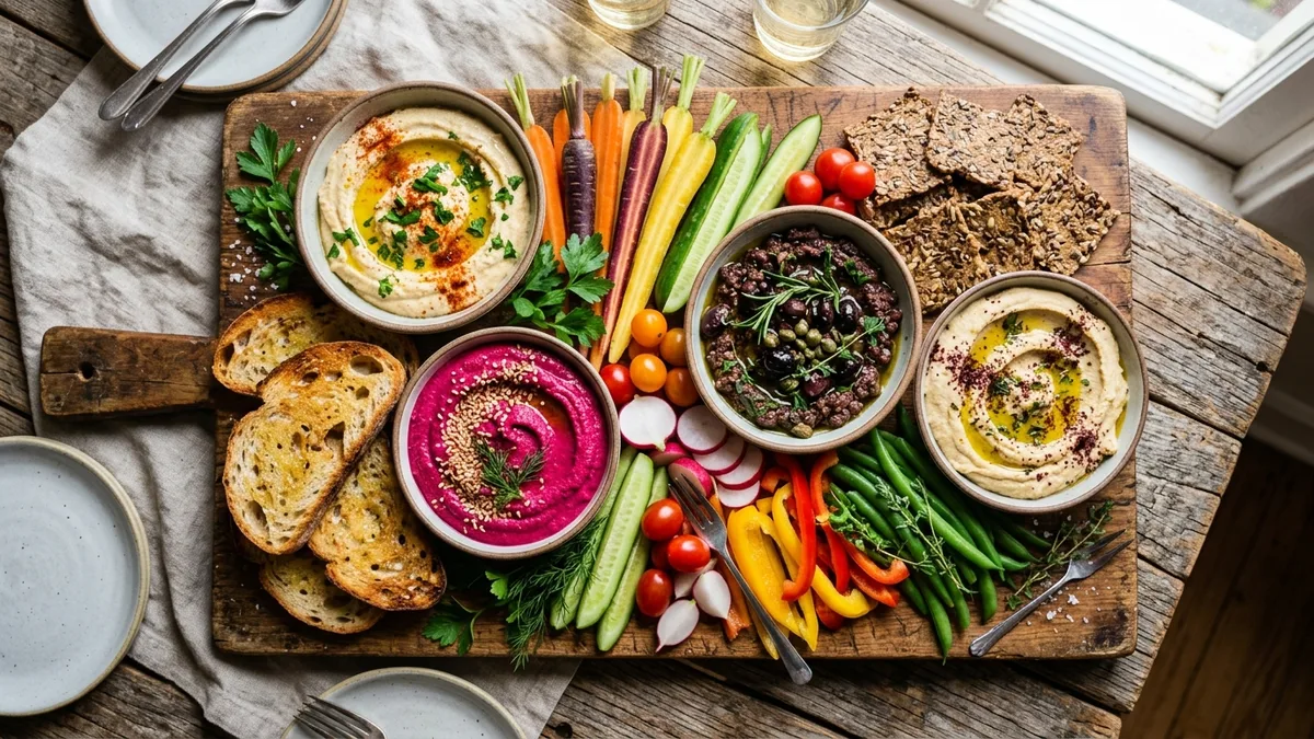 Plateau apéritif végétarien convivial avec dips colorés, légumes de saison et crackers aux graines
