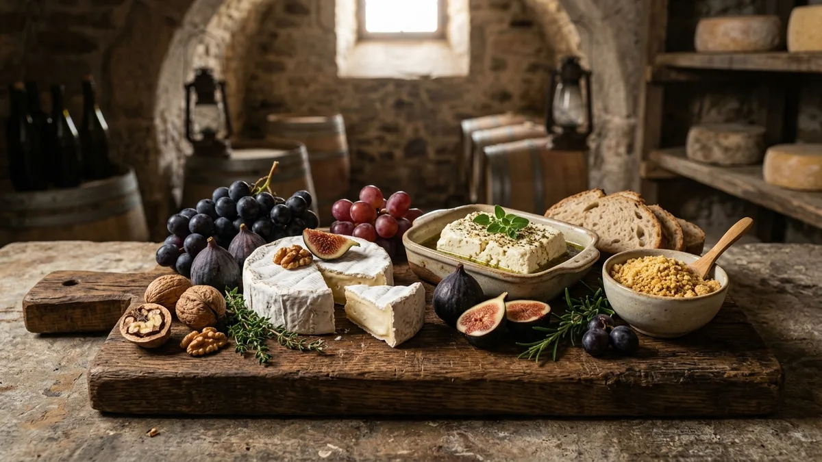 Plateau de fromages végétaux artisanaux avec camembert de cajou à croûte fleurie, feta de tofu mariné et parmesan végétal