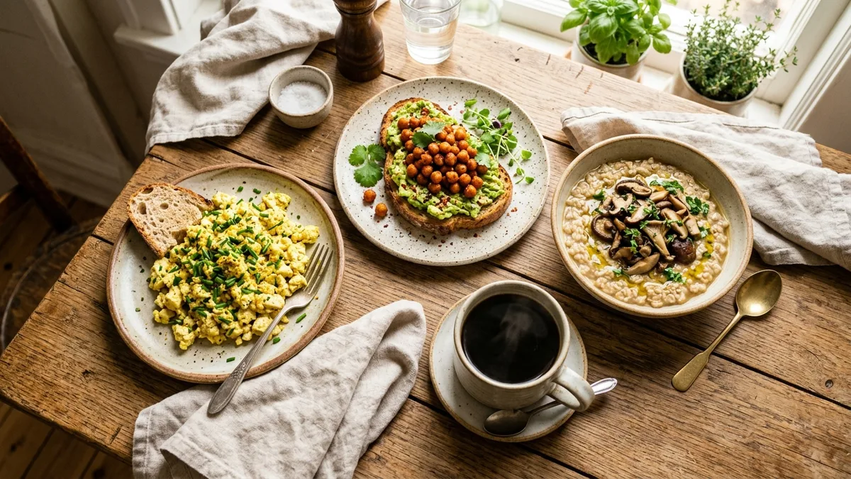 Table de petit-déjeuner salé végétarien avec tofu brouillé, tartine avocat pois chiches et porridge salé