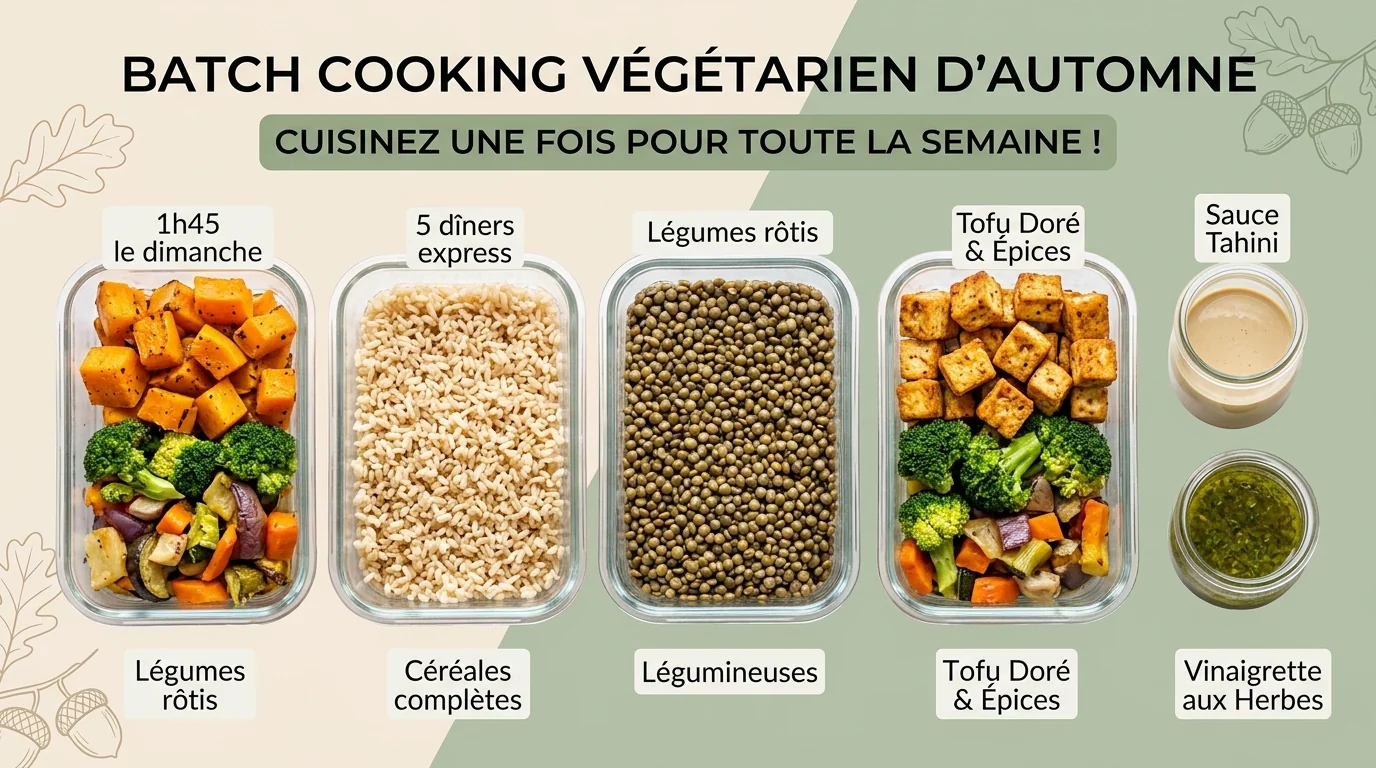 Infographie complète du batch cooking végétarien d'automne : organisation des boîtes en verre, légumes rôtis et sauces