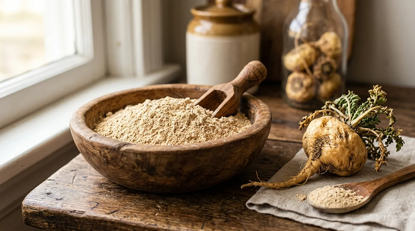 Poudre de maca dans un bol en bois
