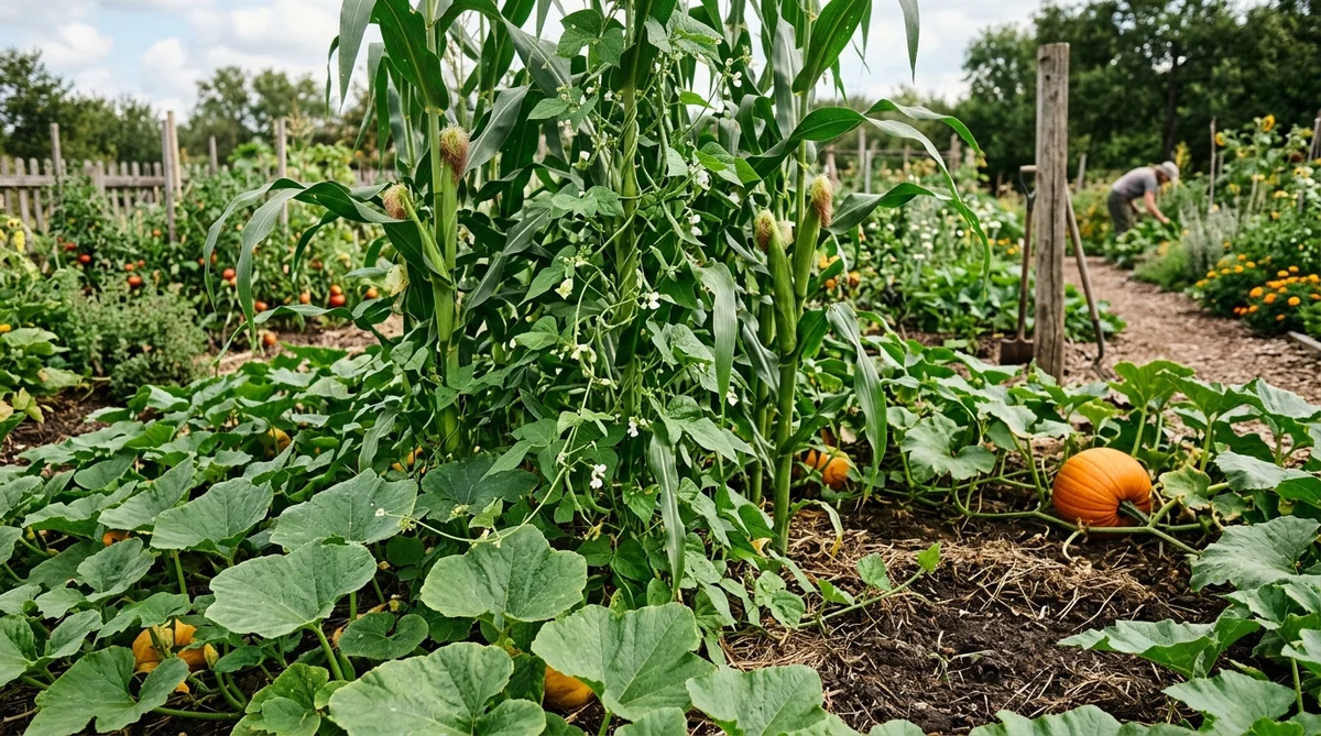 La Milpa précolombienne des trois soeurs associant maïs, haricot grimpant et courge au sol
