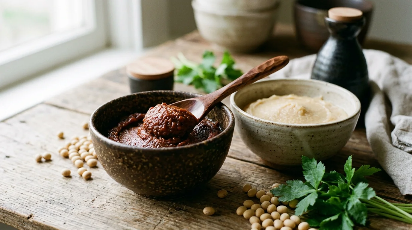 Pâte de miso artisanal blanc et brun dans des bols en céramique japonaise