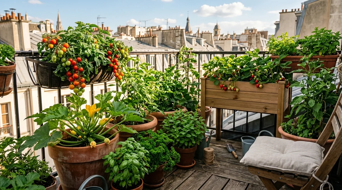Potager urbain productif sur balcon avec tomates cerises, basilic, courgettes et fraisiers en pots