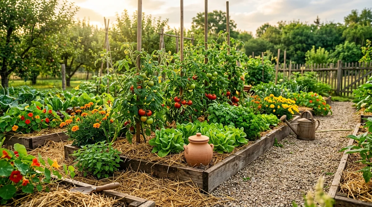 Potager bio en permaculture avec sol paillé, buttes de culture, tomates et oyas