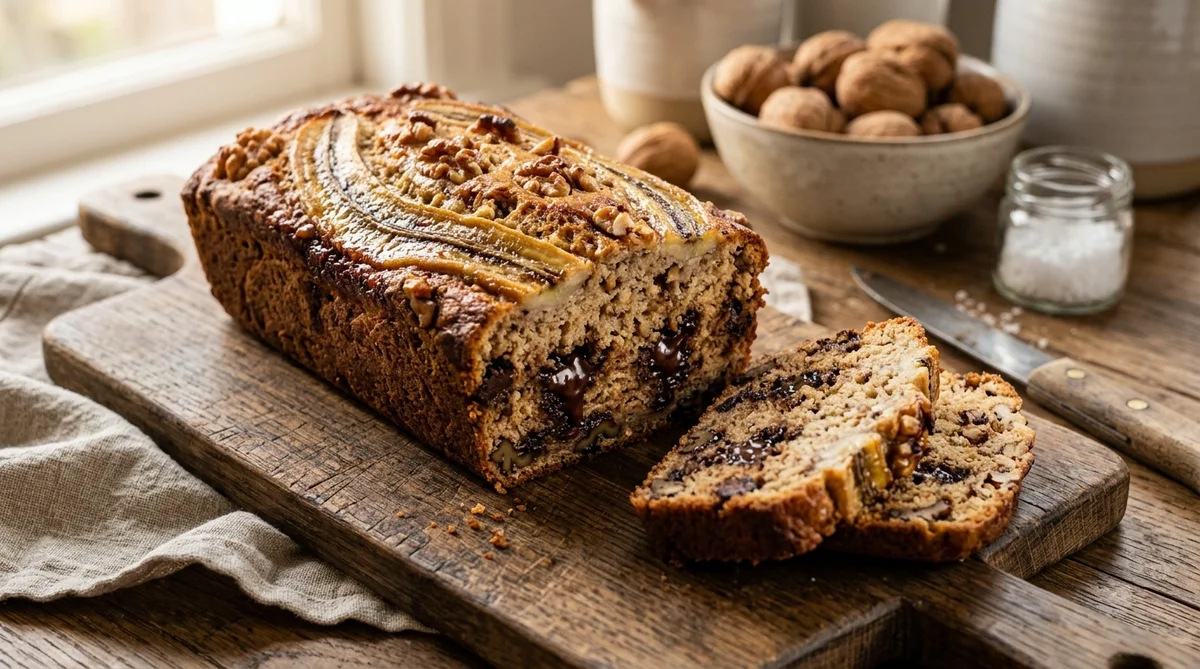 Banana bread moelleux aux noix et chocolat sans beurre ni oeufs