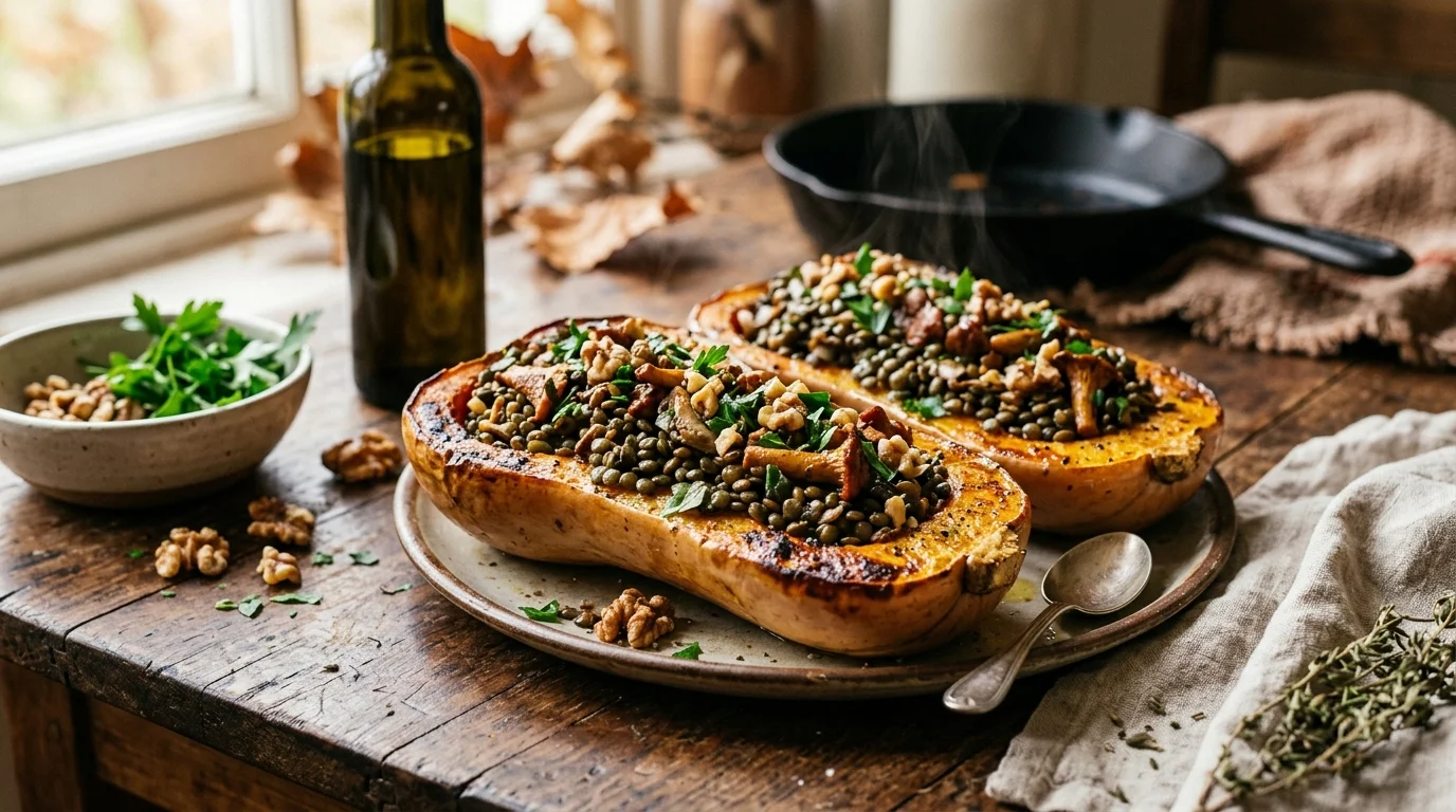 Courge butternut rôtie farcie aux lentilles vertes et noix