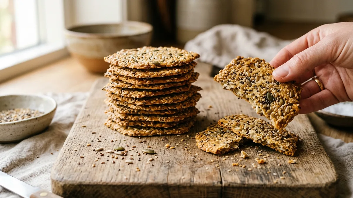 Crackers maison dorés et croustillants aux graines de lin, chia, tournesol et sésame sur planche en bois