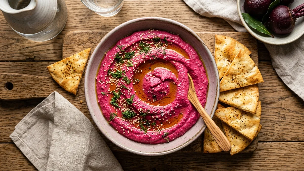 Crème de betterave rôtie fuchsia au tahini et graines de sésame avec triangles de pain pita