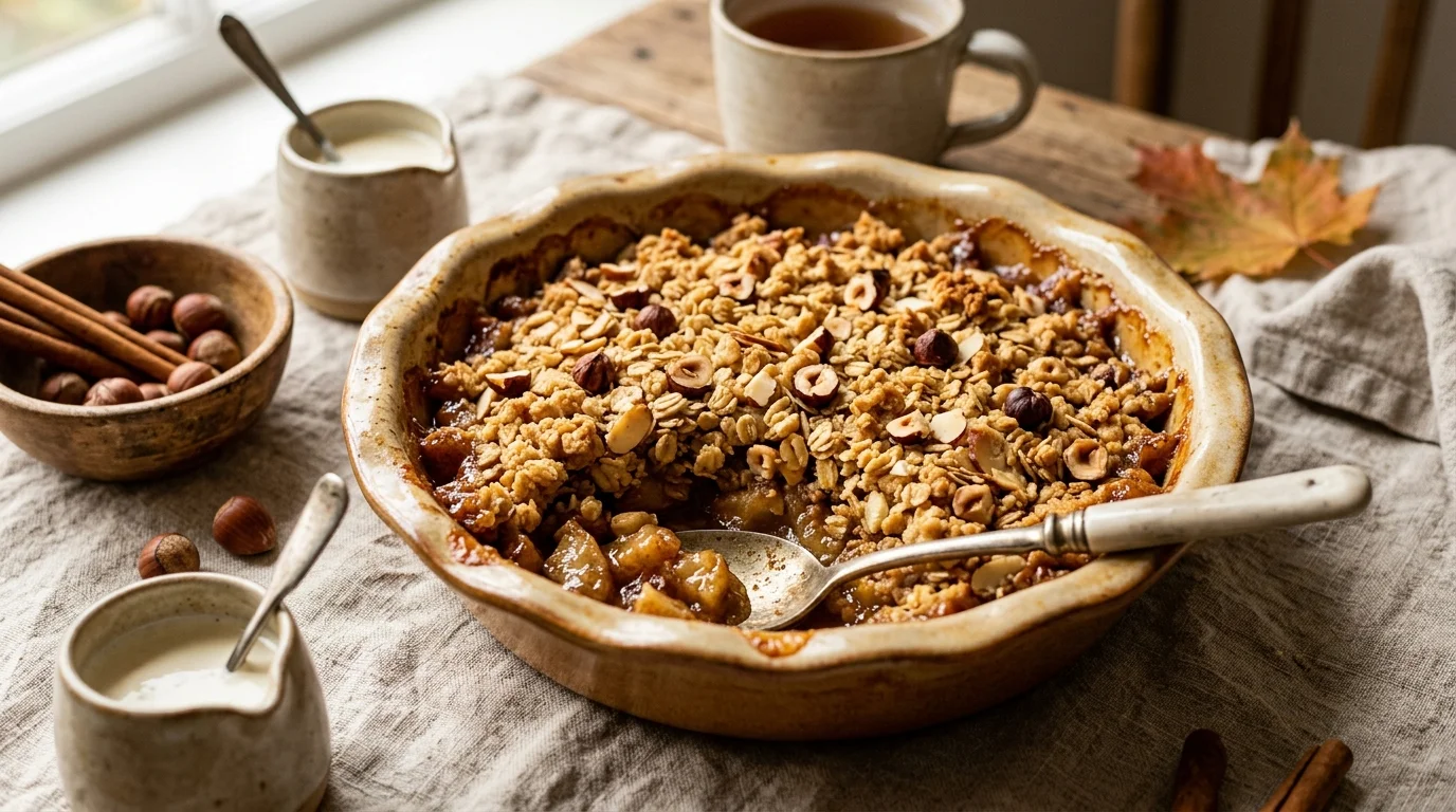 Crumble aux pommes et poires doré avec noisettes concassées dans un plat en céramique