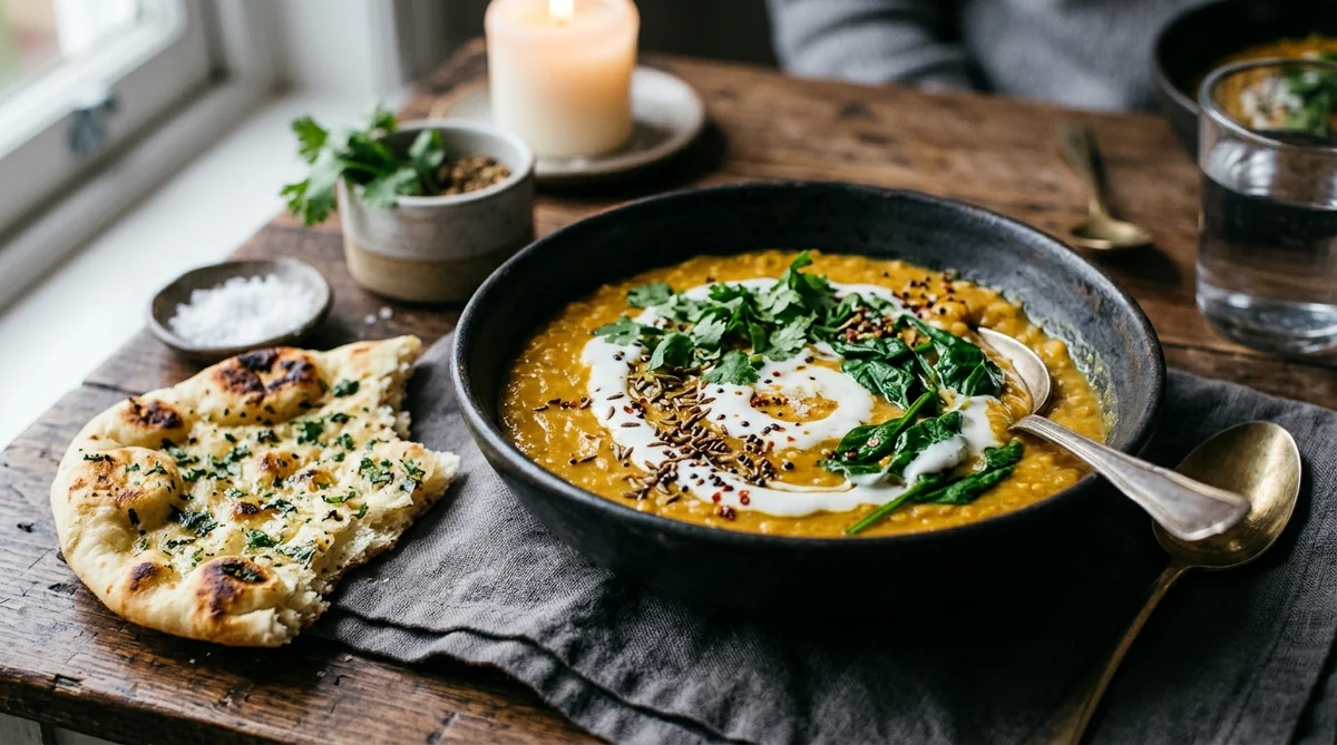 Dahl de lentilles corail au lait de coco et épinards