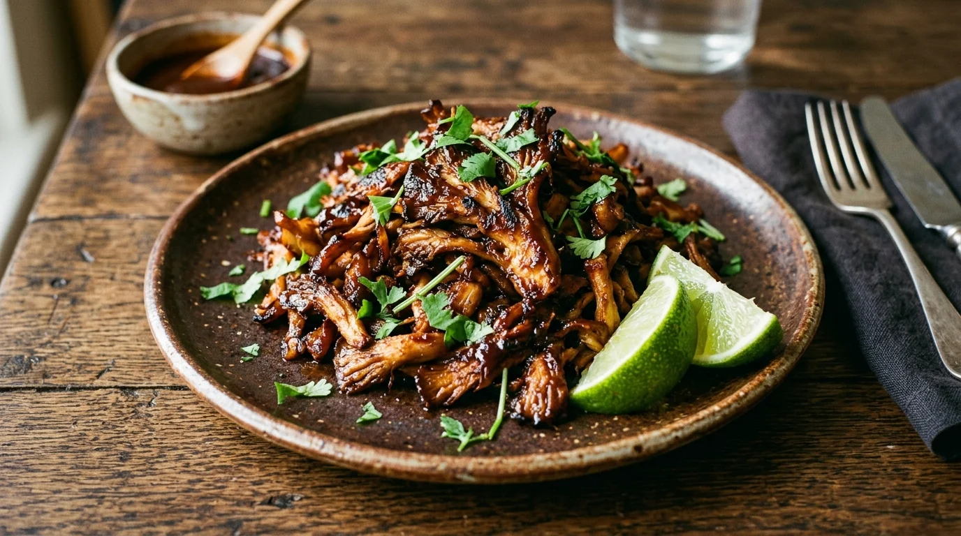 Effiloché de pleurotes rôties à la sauce barbecue fumée avec quartiers de citron vert