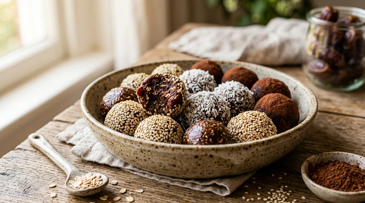 Energy balls express aux dattes medjool, cacao pur et beurre de cacahuète
