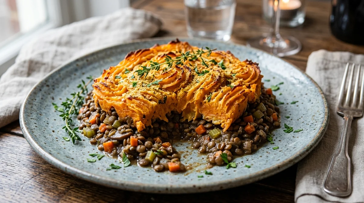 Hachis parmentier végétalien aux lentilles mijotées et purée de patate douce