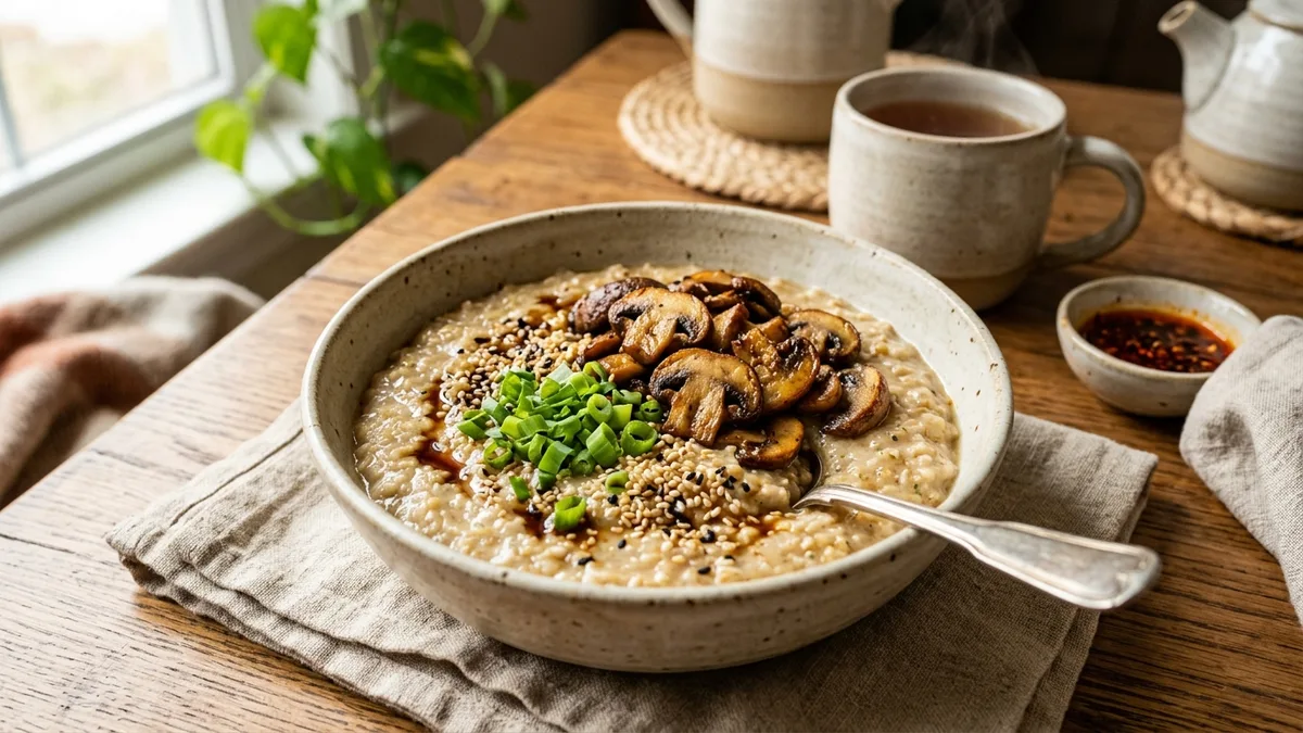 Bol de porridge salé d'avoine onctueux avec champignons poêlés, sauce tamari et graines de sésame