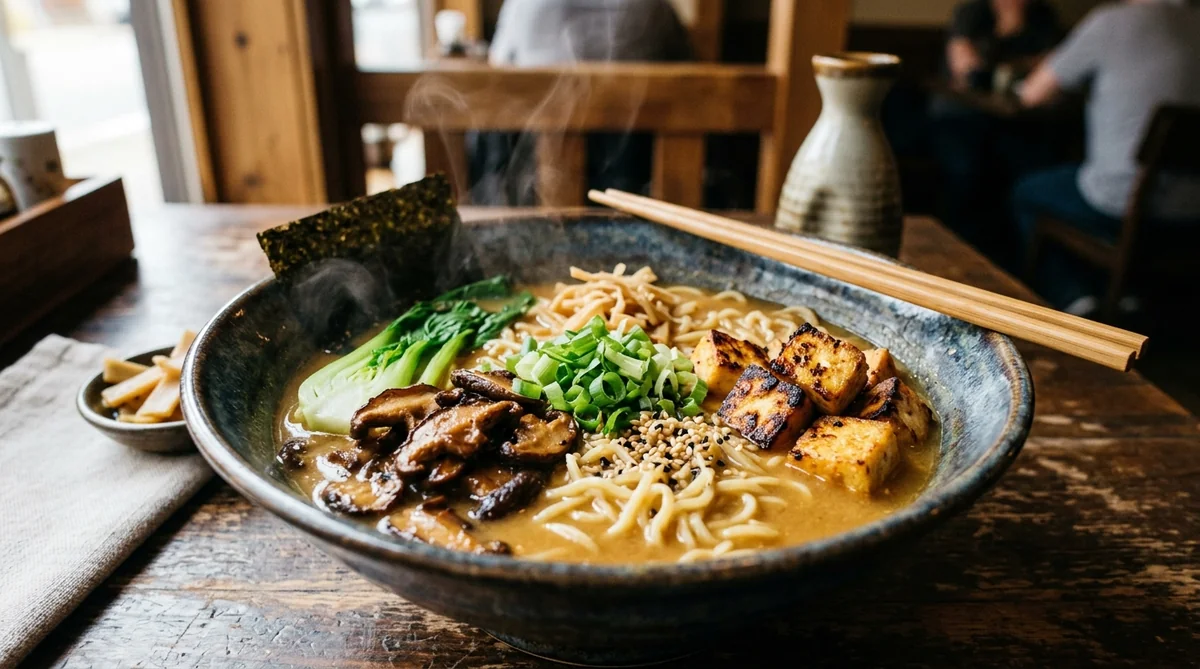 Ramen végétalien au bouillon miso, tofu rôti croustillant et shiitakés