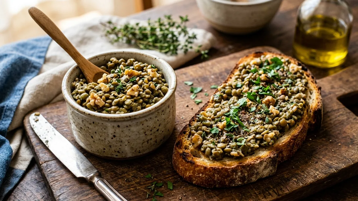 Rillettes végétales de lentilles vertes et noix toastées sur tranche de pain au levain