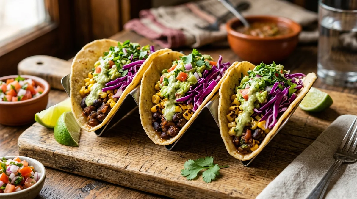 Tacos végétaliens au chili de haricots noirs, guacamole et maïs rôti