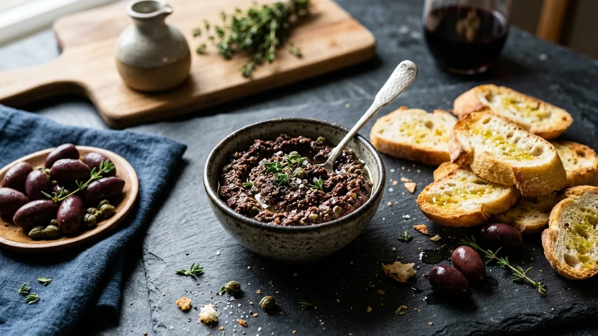 Tapenade d'olives noires et câpres dans un bol en grès avec croûtons grillés et thym frais