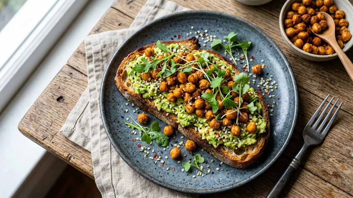 Tartine de pain au levain avec avocat écrasé, pois chiches rôtis croustillants au paprika et graines de chanvre