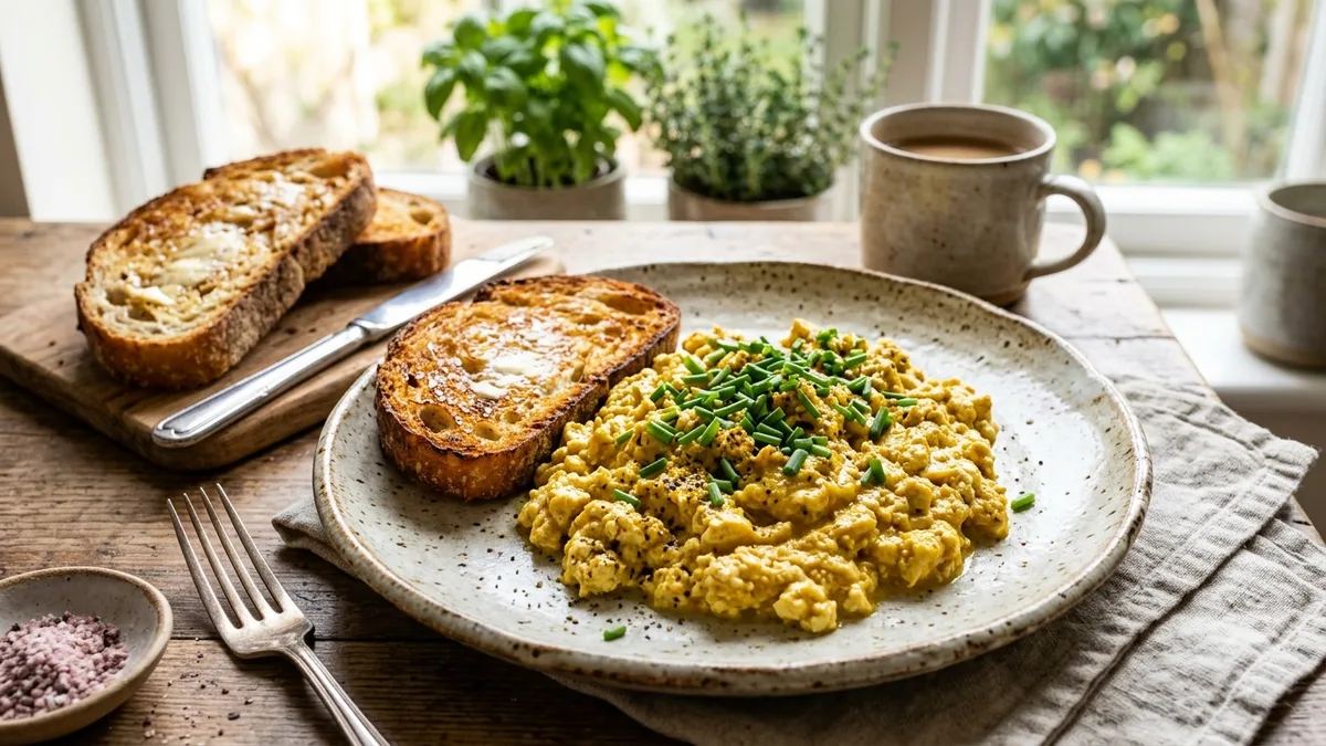 Tofu brouillé crémeux doré au curcuma et ciboulette sur assiette artisanale avec pain grillé