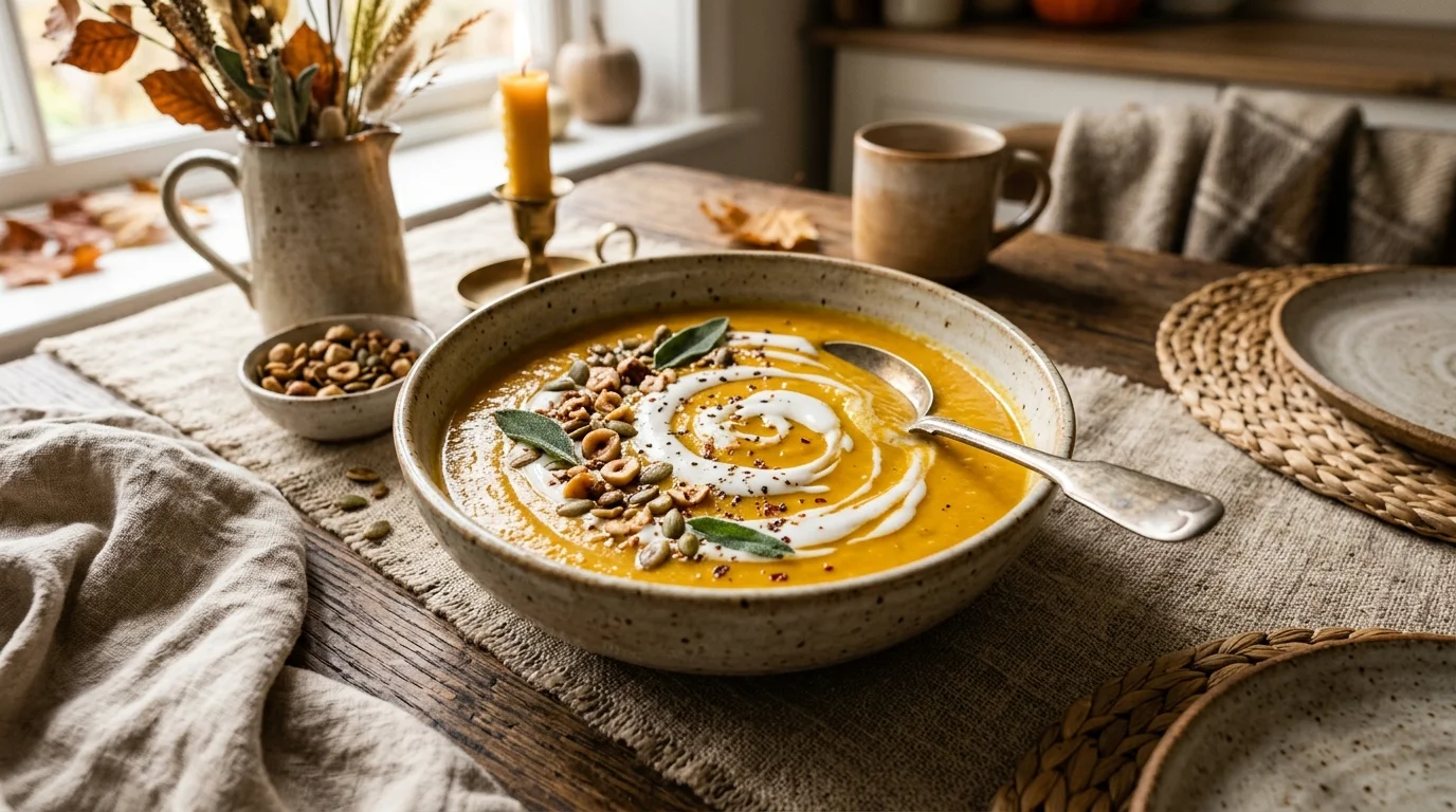 Velouté soyeux de potimarron rôti avec spirale de crème de coco et noisettes torréfiées