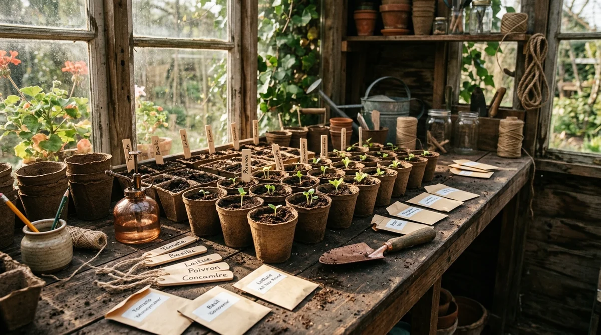 Atelier de semis de printemps en godets biodégradables dans une serre lumineuse pour tomates et aromates