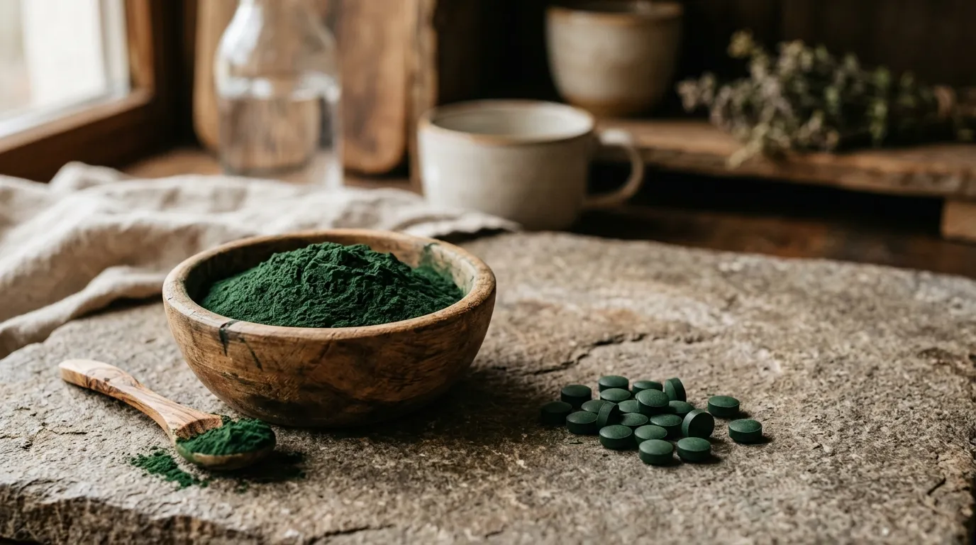 Poudre et comprimés de spiruline vert foncé