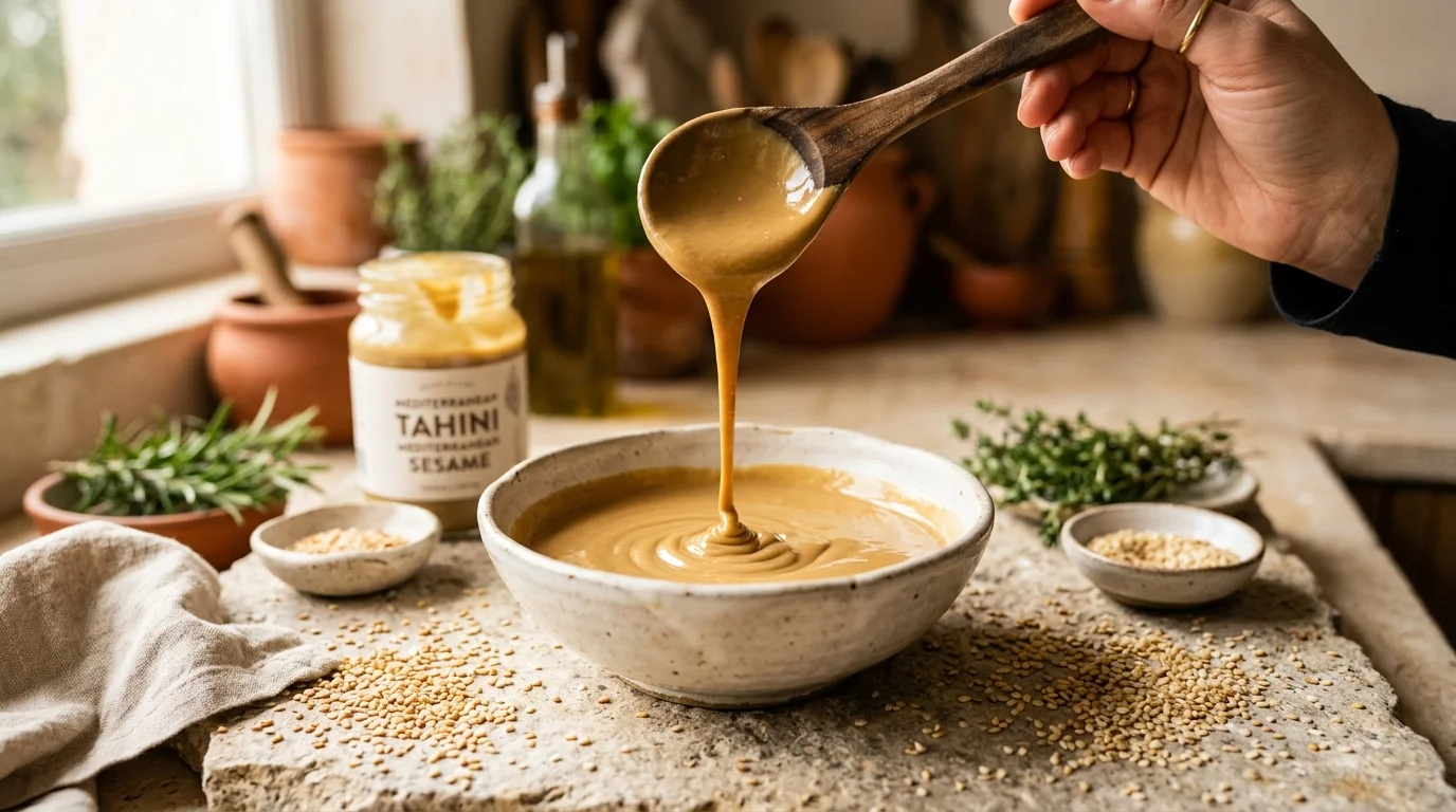 Crème de tahini coulant d'une cuillère en bois au-dessus d'un bol entouré de graines de sésame