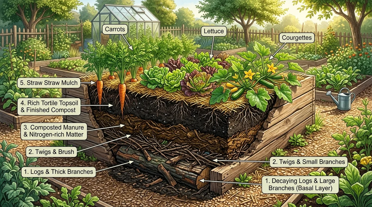Schéma pédagogique en coupe d'une butte de permaculture hugelkultur avec bois en décomposition et couches fertiles