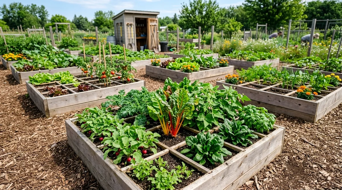 Potager structuré en carrés et bacs surélevés en bois avec allées paillées de broyat