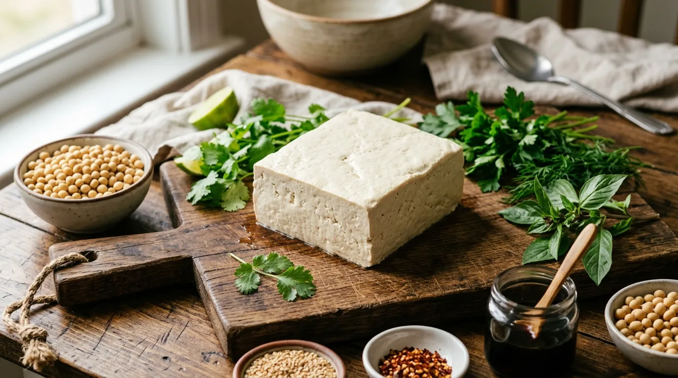 Tofu frais premium sur planche en bois